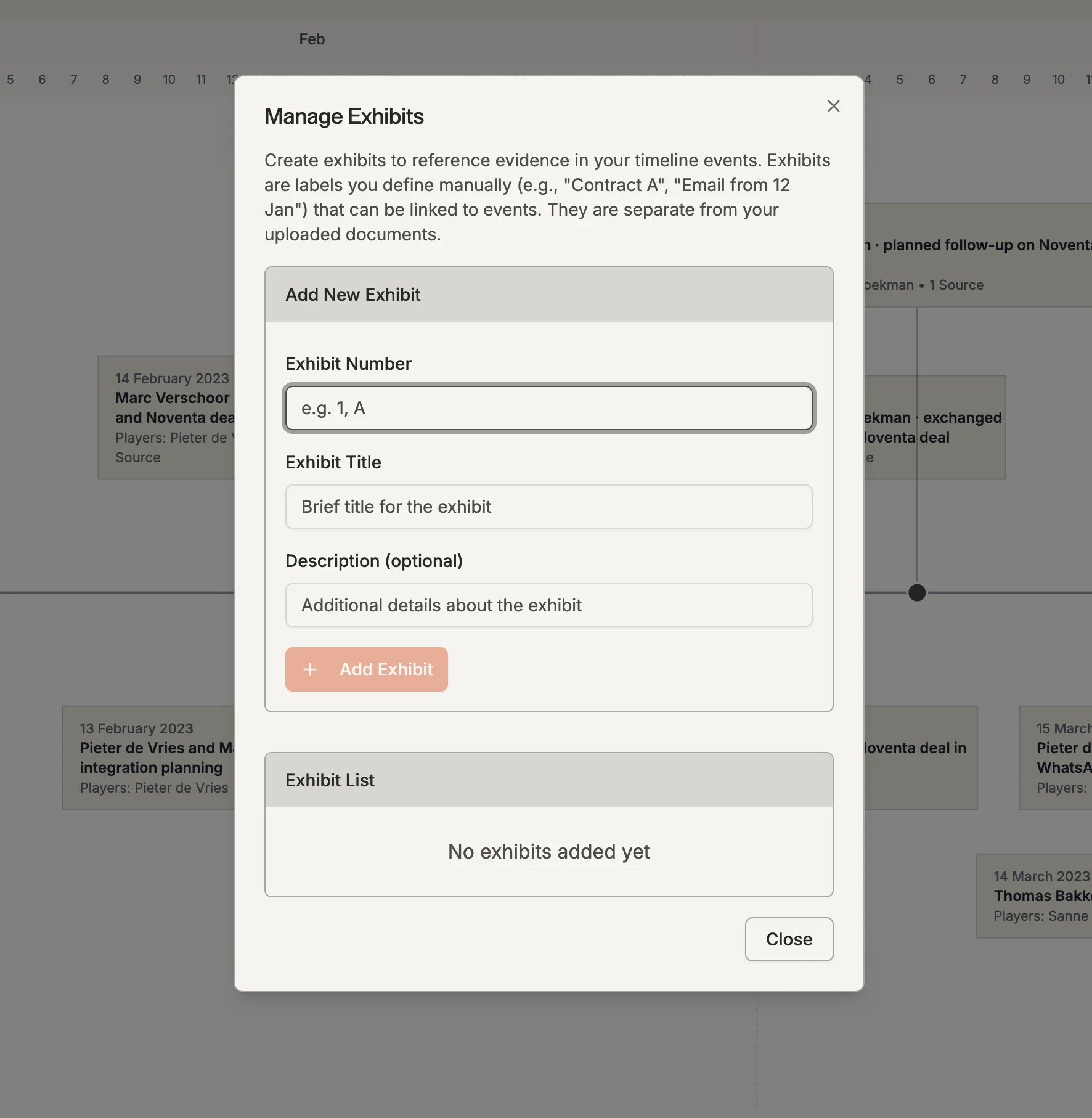 Managing exhibits in Thea